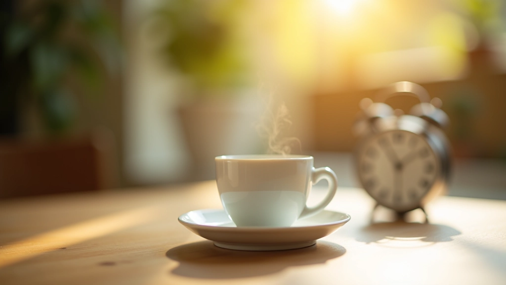 Table avec tasse de café vide et chronomètre montrant l'importance du timing pour la consommation de caféine