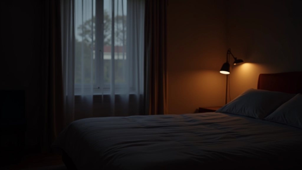 Chambre sombre avec rideaux fermés et lumière douce ambiante pour un environnement de sommeil optimal