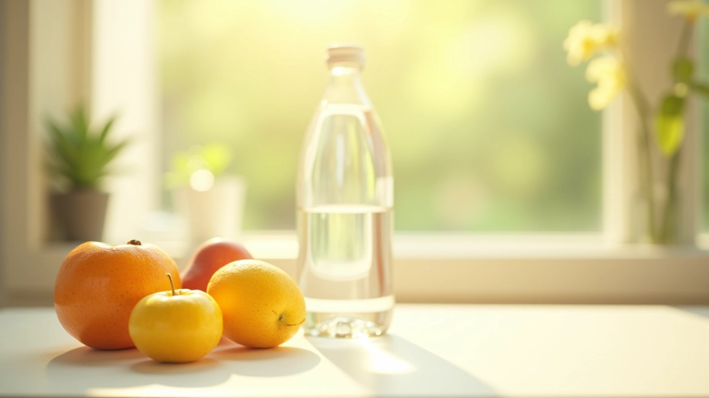 Bouteille d'eau et fruits frais sur une table près d'une fenêtre ensoleillée