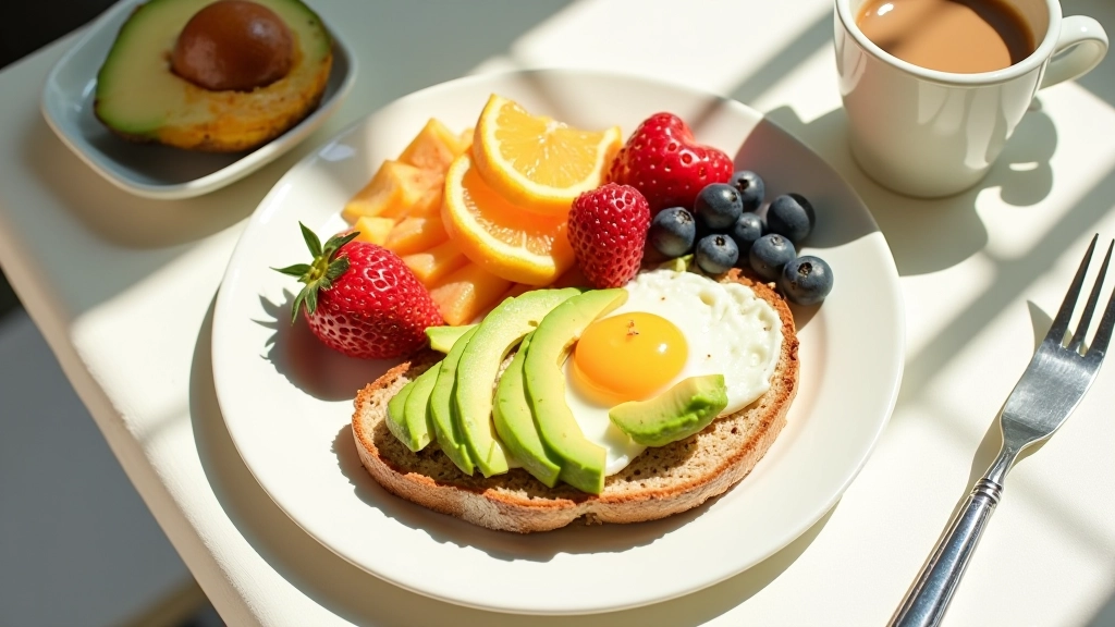 Plateau de petit-déjeuner sain avec œufs, avocado, pain complet et café, pris en lumière naturelle du matin