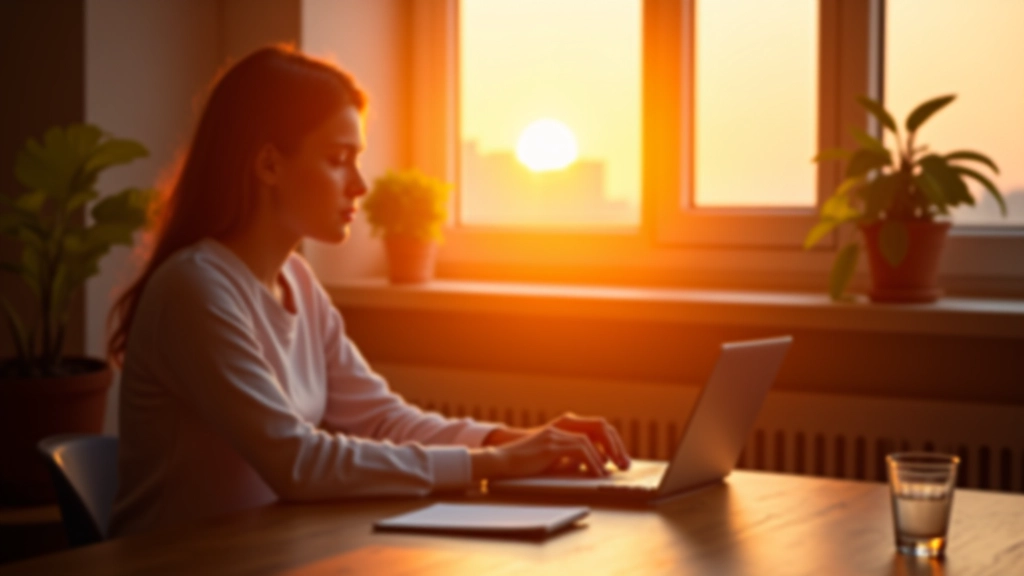 Personne travaillant à son bureau en fin d'après-midi avec lumière naturelle du soleil couchant visible par la fenêtre