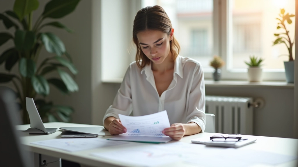 Professionnelle étudiant des graphiques de productivité sur son bureau dans un environnement de travail lumineux