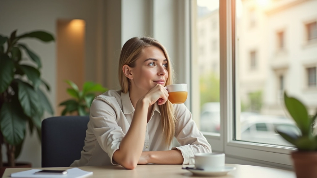 Femme prenant un pause-café l'après-midi près d'une fenêtre avec lumière naturelle douce